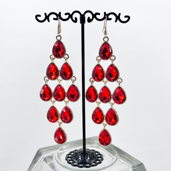 NWT-Charming Charlie - Large Red Faceted Teardrop Chandelier Gold Tone Earrings - Picture 2 of 8
